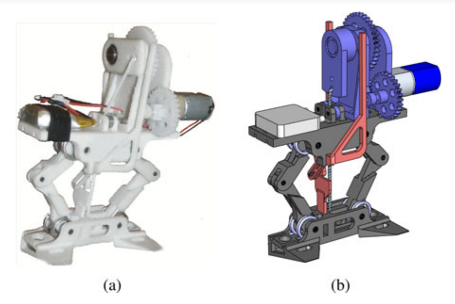 Figure 1. MSU jumper: (a) prototype and (b) solid model. From [Zhao et al IEE Trans Robot 2013]